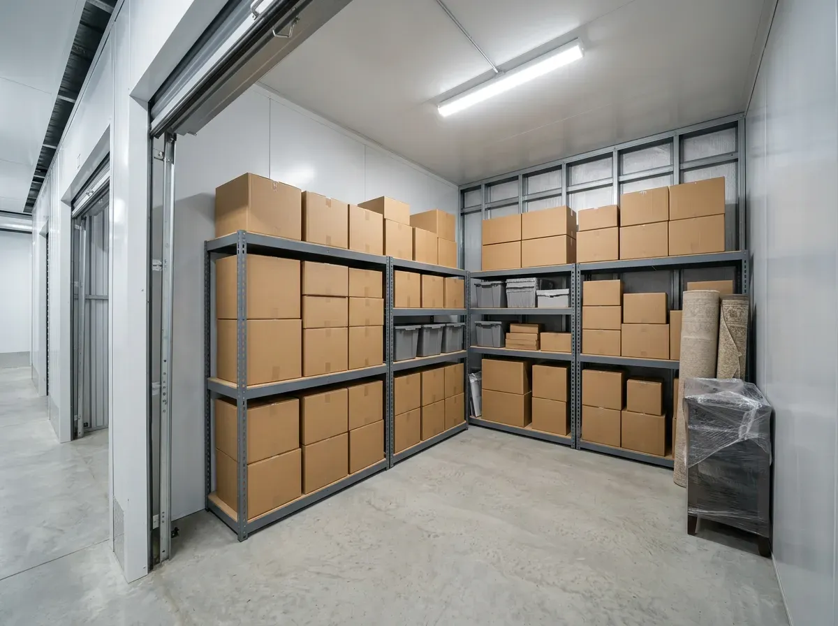 Neatly organized climate-controlled storage unit with metal shelving stacked with cardboard boxes.